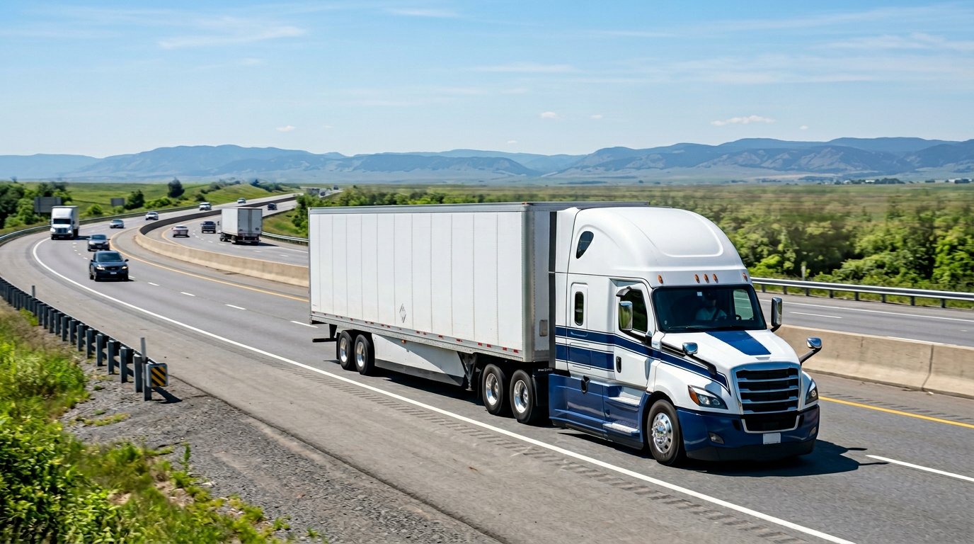 Dry van semi truck with box trailer on the highway