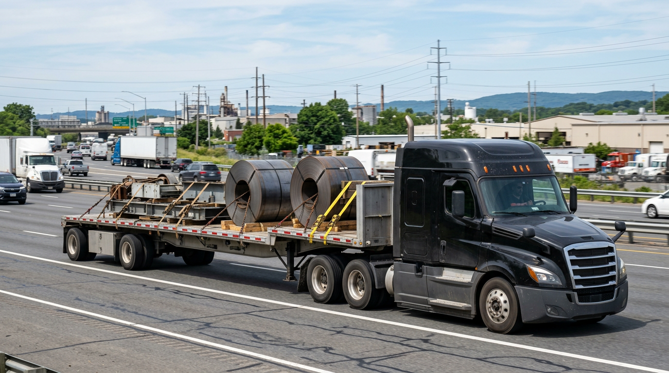 Flatbed semi truck with open deck trailer